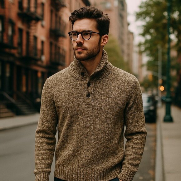 Polo by Ralph Lauren Marled Pullover Sweater Henley Fisherman Green Casual Men M - Picture 1 of 7